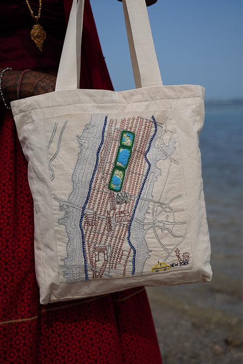 Okhai "The Big Apple" Hand-Embroidered Pure Cotton Tote Bag