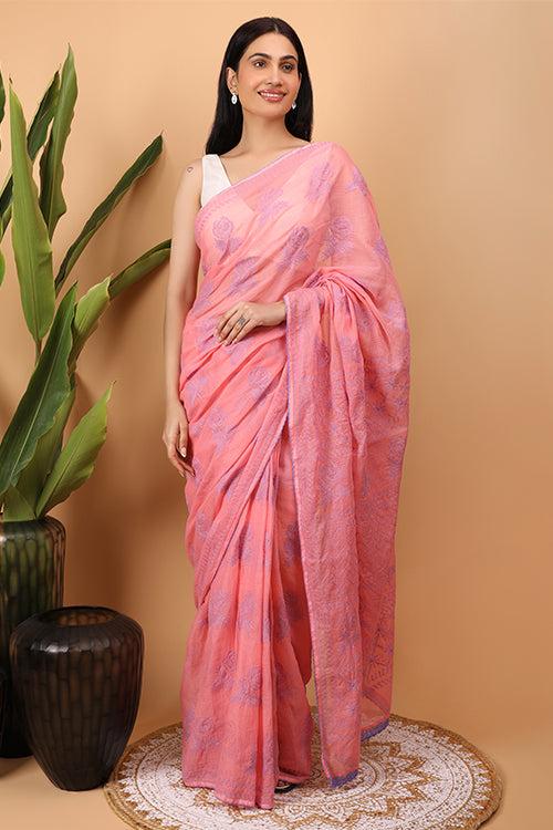 Shwet Peach Kota Cotton Chikankari Saree