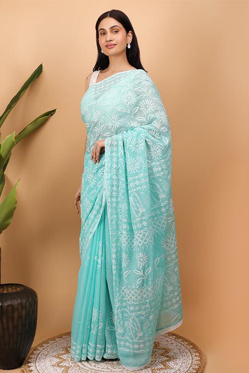 Shwet Cyan Blue Kota Cotton Chikankari Saree