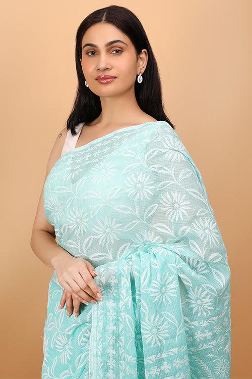 Shwet Cyan Blue Kota Cotton Chikankari Saree