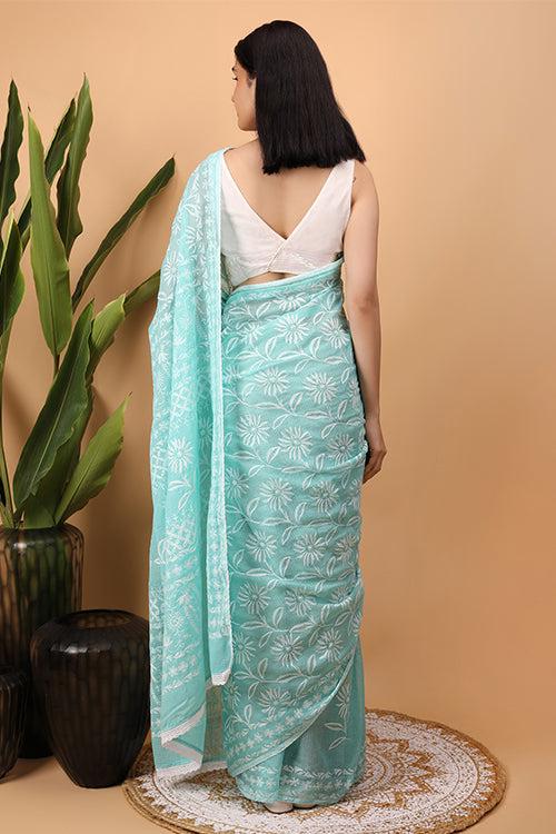 Shwet Cyan Blue Kota Cotton Chikankari Saree