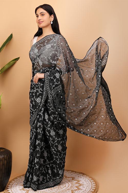 Shwet Black Kota Cotton Chikankari Saree