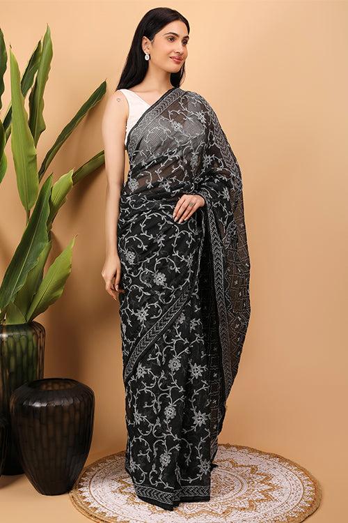 Shwet Black Kota Cotton Chikankari Saree