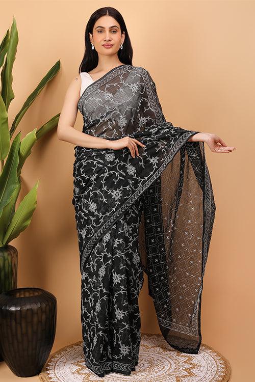 Shwet Black Kota Cotton Chikankari Saree