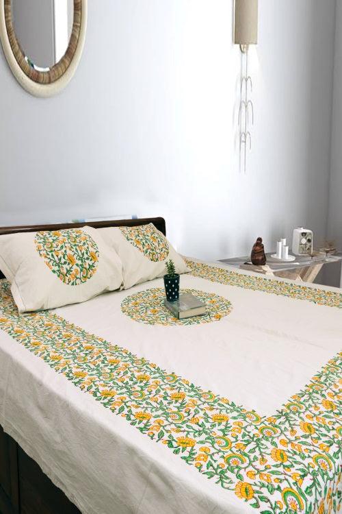 Textile Tales: Rustic Route'S Artisanal Block Print Bedspread Dark Green & Yellow