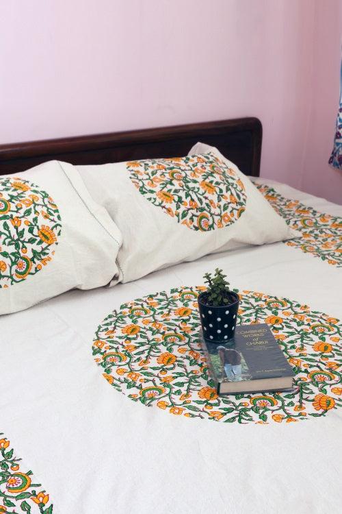 Textile Tales: Rustic Route'S Artisanal Block Print Bedspread Dark Green & Yellow