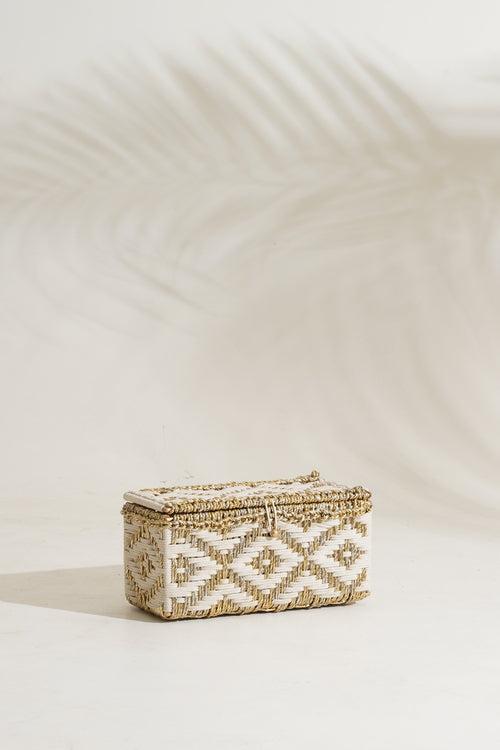 Sirohi Handwoven Multipurpose Diamond Box With 2 Candles | White & Gold