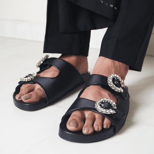 Black Crystal Buckled Slides