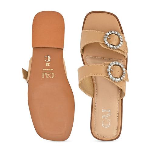 Beige Buckled Strapped flat