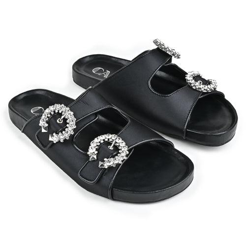 Black Crystal Buckled Slides