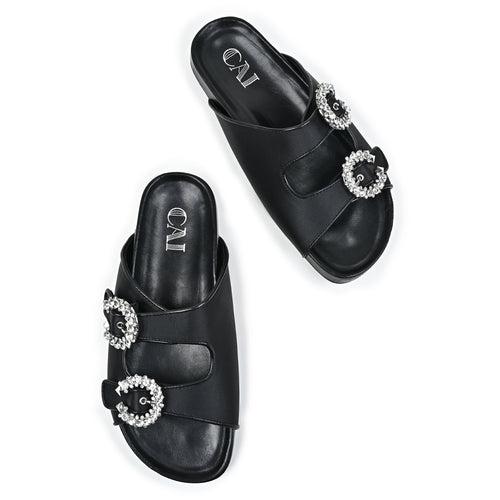 Black Crystal Buckled Slides