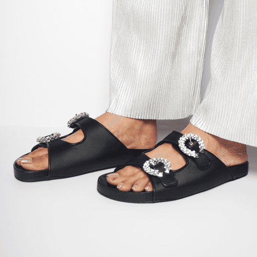 Black Crystal Buckled Slides