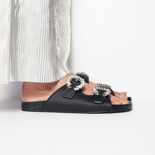 Black Crystal Buckled Slides