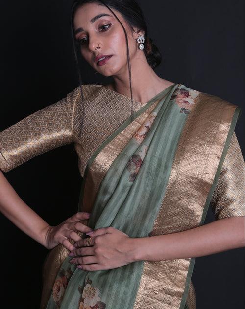 Signoraa Green Linen Tussar Digital Print Gold Border Saree – BSK09500