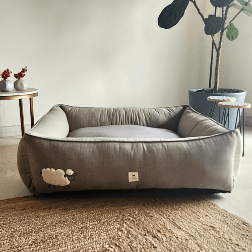 PoochMate Sawdust Linen & Herringbone Sheep Bolster Dog Bed