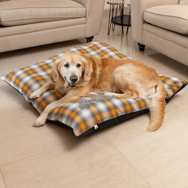 PoochMate Yellow Tartan Bunny Bliss Pillow Dog Bed