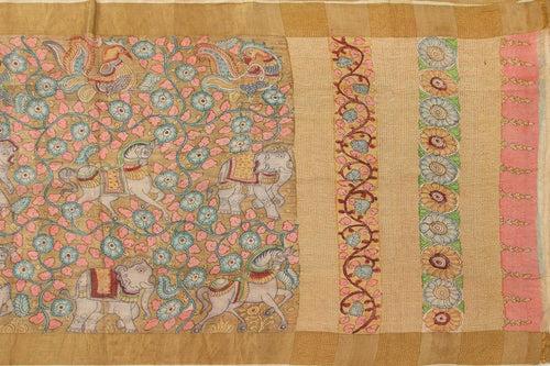 Beige and Blue Kalamkari Tussar Silk Saree Handpainted Floral And Horse Patterns Organic Vegetable Dyes PT K VSR 116