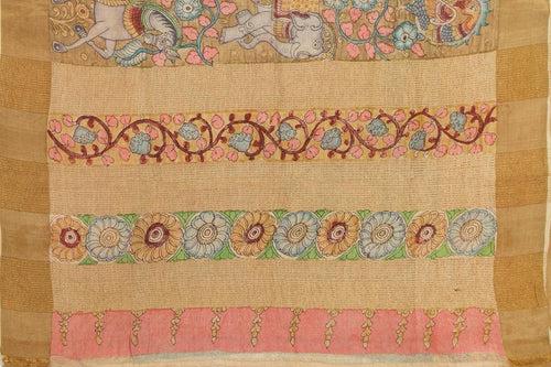 Beige and Blue Kalamkari Tussar Silk Saree Handpainted Floral And Horse Patterns Organic Vegetable Dyes PT K VSR 116