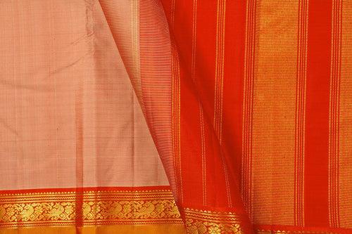 Beige And Red Kanchipuram Silk Saree With Medium Border Handwoven Pure Silk For Festive Wear PV J 435