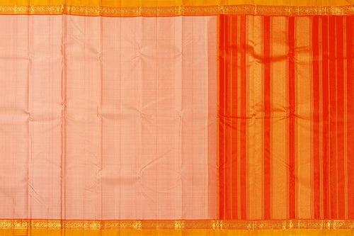 Beige And Red Kanchipuram Silk Saree With Medium Border Handwoven Pure Silk For Festive Wear PV J 435