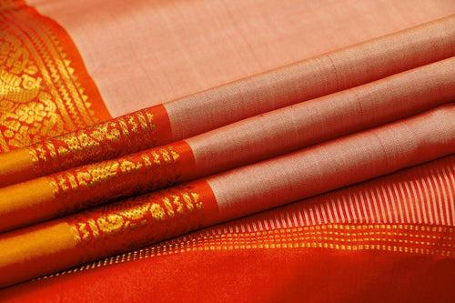 Beige And Red Kanchipuram Silk Saree With Medium Border Handwoven Pure Silk For Festive Wear PV J 435