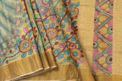 Beige Kalamkari Tussar Silk Saree Handpainted Floral And Peacock Patterns Organic Vegetable Dyes PT K VSR 111