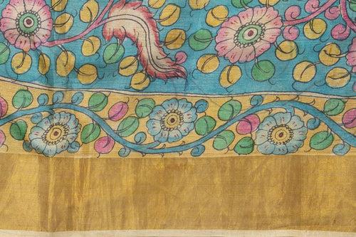 Beige Kalamkari Tussar Silk Saree Handpainted Floral And Peacock Patterns Organic Vegetable Dyes PT K VSR 111