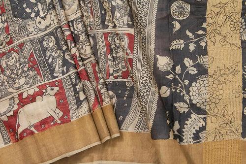 Black And Off White Kalamkari Tussar Silk Saree Handpainted Organic Vegetable Dyes PT K VSR 103