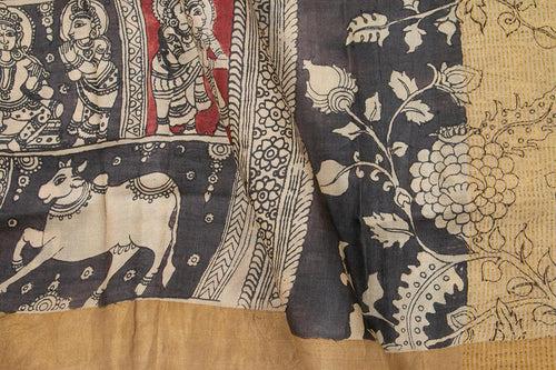 Black And Off White Kalamkari Tussar Silk Saree Handpainted Organic Vegetable Dyes PT K VSR 103