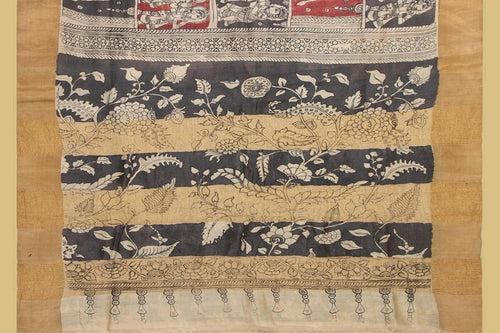 Black And Off White Kalamkari Tussar Silk Saree Handpainted Organic Vegetable Dyes PT K VSR 103