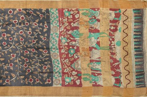 Black Kalamkari Tussar Silk Saree Handpainted Floral Patterns Organic Vegetable Dyes PT K VSR 115