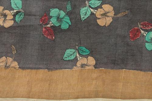 Black Kalamkari Tussar Silk Saree Handpainted Floral Patterns Organic Vegetable Dyes PT K VSR 115