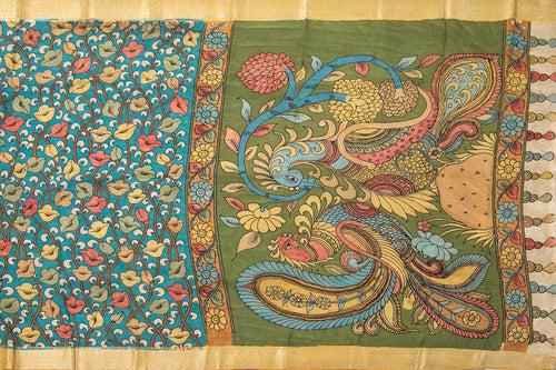 Blue And Green Handpainted Kalamkari Mangalgiri Silk Saree Organic Dyes For Office Wear PKMS 53