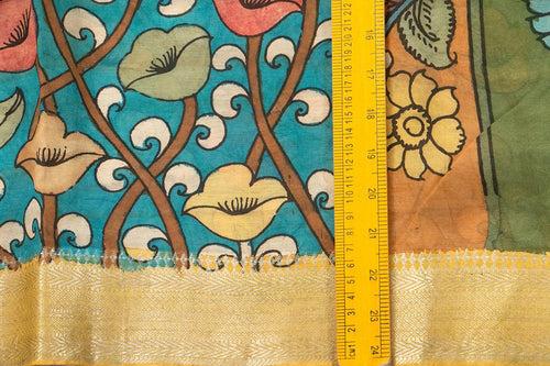 Blue And Green Handpainted Kalamkari Mangalgiri Silk Saree Organic Dyes For Office Wear PKMS 53