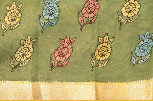 Blue And Green Handpainted Kalamkari Mangalgiri Silk Saree Organic Dyes For Office Wear PKMS 53