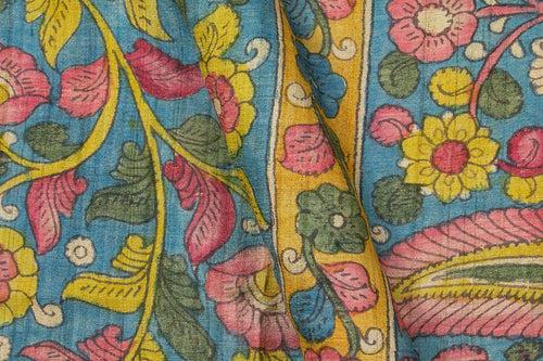 Blue And Mustard Kalamkari Tussar Silk Saree Handpainted Floral Patterns Organic Vegetable Dyes PKM 566