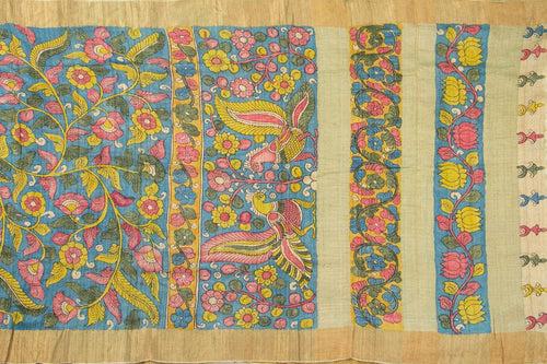 Blue And Mustard Kalamkari Tussar Silk Saree Handpainted Floral Patterns Organic Vegetable Dyes PKM 566