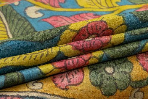 Blue And Mustard Kalamkari Tussar Silk Saree Handpainted Floral Patterns Organic Vegetable Dyes PKM 566