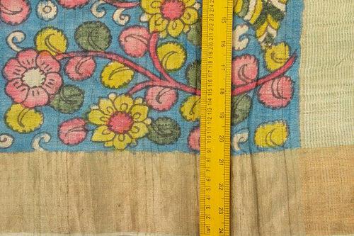 Blue And Mustard Kalamkari Tussar Silk Saree Handpainted Floral Patterns Organic Vegetable Dyes PKM 566