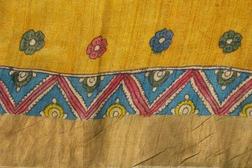 Blue And Mustard Kalamkari Tussar Silk Saree Handpainted Floral Patterns Organic Vegetable Dyes PKM 566