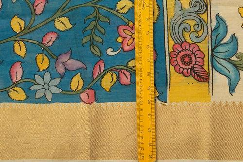 Blue And Off White Handpainted Kalamkari Mangalgiri Silk Saree Organic Dyes For Office Wear PKMS 54