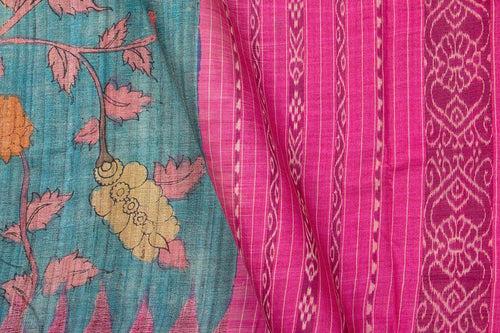 Blue And Pink Kalamkari Gicha Tussar Silk Saree Handpainted Floral Patterns Organic Vegetable Dyes PT K VSR 122