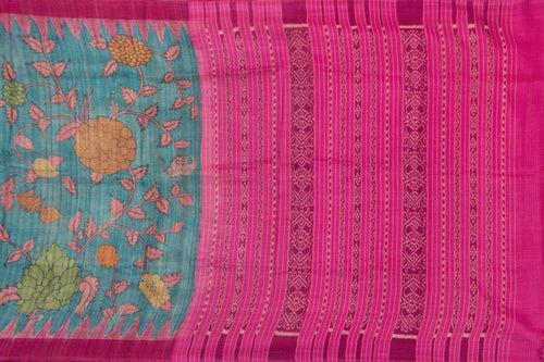 Blue And Pink Kalamkari Gicha Tussar Silk Saree Handpainted Floral Patterns Organic Vegetable Dyes PT K VSR 122