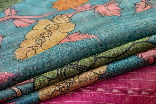 Blue And Pink Kalamkari Gicha Tussar Silk Saree Handpainted Floral Patterns Organic Vegetable Dyes PT K VSR 122