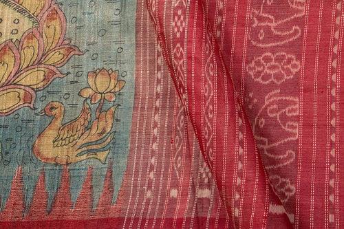 Blue And Pink Kalamkari Gicha Tussar Silk Saree Handpainted Krishna Leela Patterns Organic Vegetable Dyes PT K VSR 121