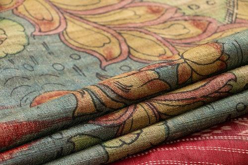 Blue And Pink Kalamkari Gicha Tussar Silk Saree Handpainted Krishna Leela Patterns Organic Vegetable Dyes PT K VSR 121