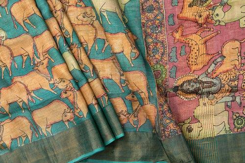 Blue And Pink Kalamkari Tussar Silk Saree Handpainted Cow Patterns Organic Vegetable Dyes PT K VSR 102