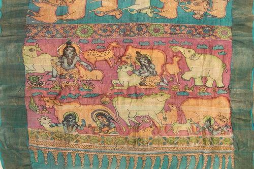 Blue And Pink Kalamkari Tussar Silk Saree Handpainted Cow Patterns Organic Vegetable Dyes PT K VSR 102