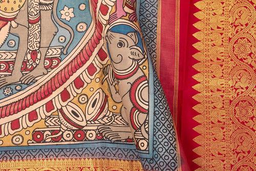 Blue And Red Handpainted Kalamkari Kanchipuram Silk Saree Musical Ganesha Theme Pure Zari PV SRK KK 104