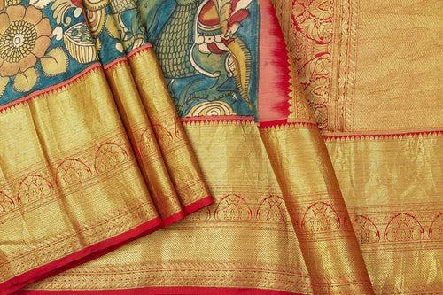 Blue And Red Handpainted Kalamkari Kanchipuram Silk Saree Pure Zari Morning Evening Border PKK 14